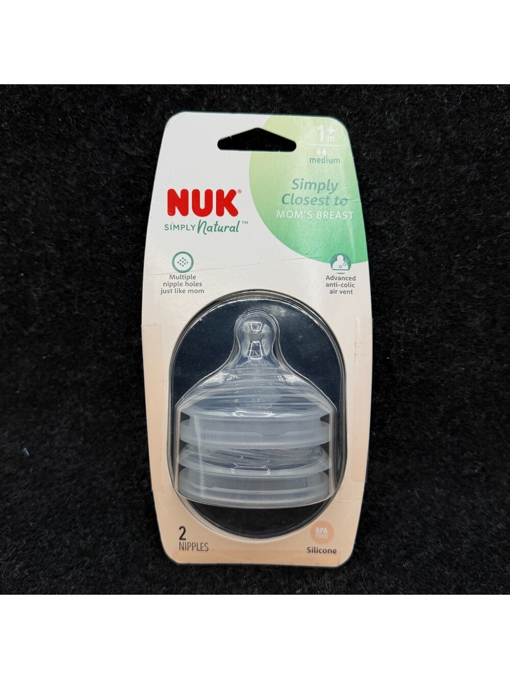 New Nuk Simply Natural 2pk Nipple. 1+m Med Flow, BPA Free-Anti Colic-Multi Hole